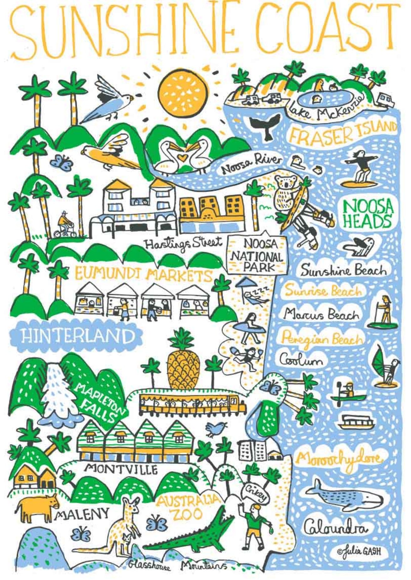 Sunshine Coast Australia Travel Art Print by British map illustrator Julia Gash