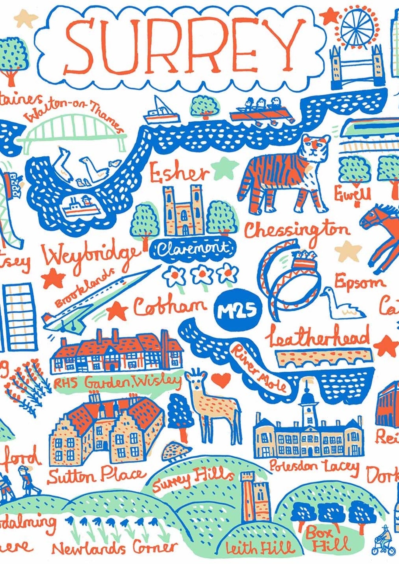 Whimsical illustration of Surrey, England, featuring Woking, Guilford, Weybridge, Redhill. Camberley and London, illustrated by British travel artist Julia Gash