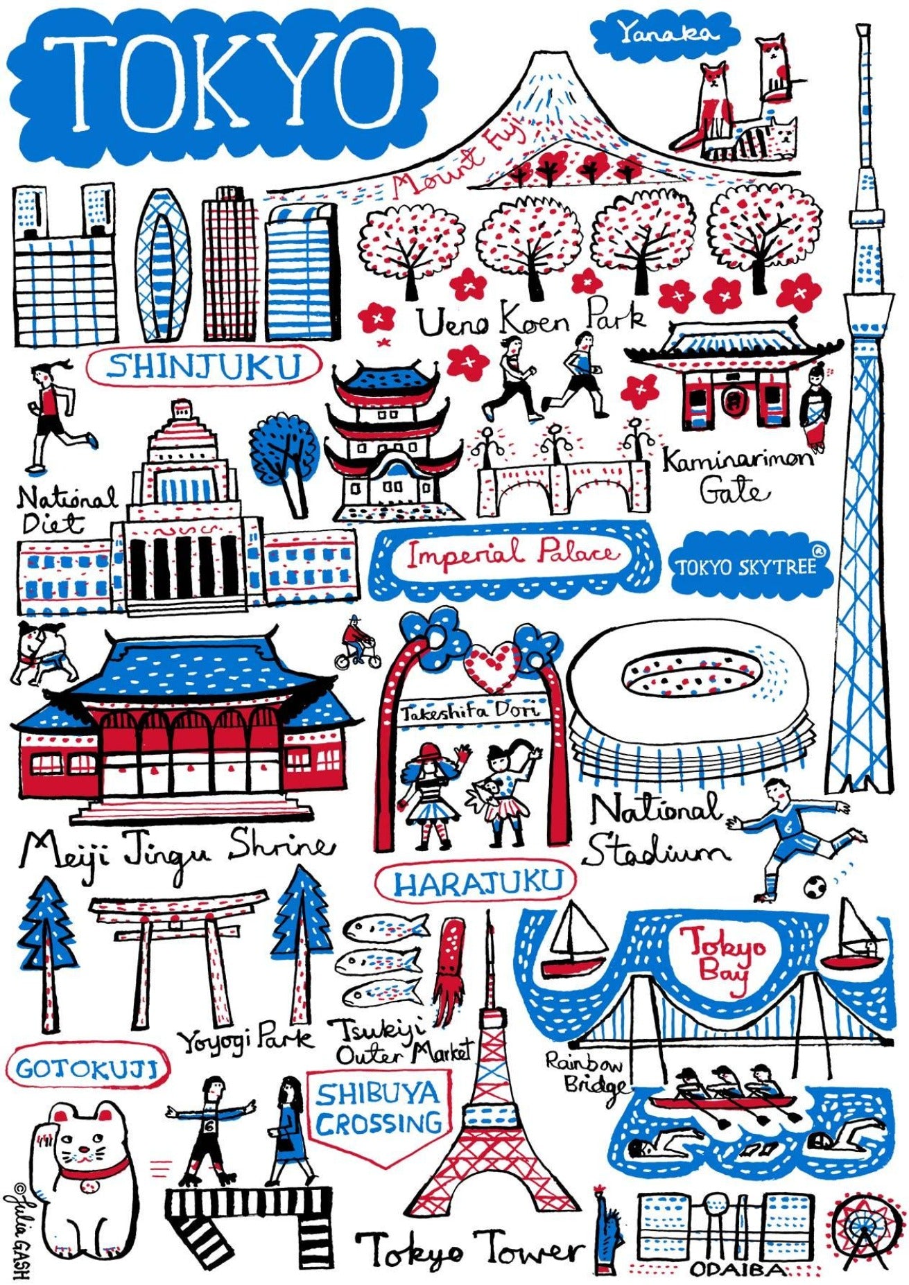 Whimsical Tokyo Art Print featuring Mount Fuji by British travel artistJulia Gash