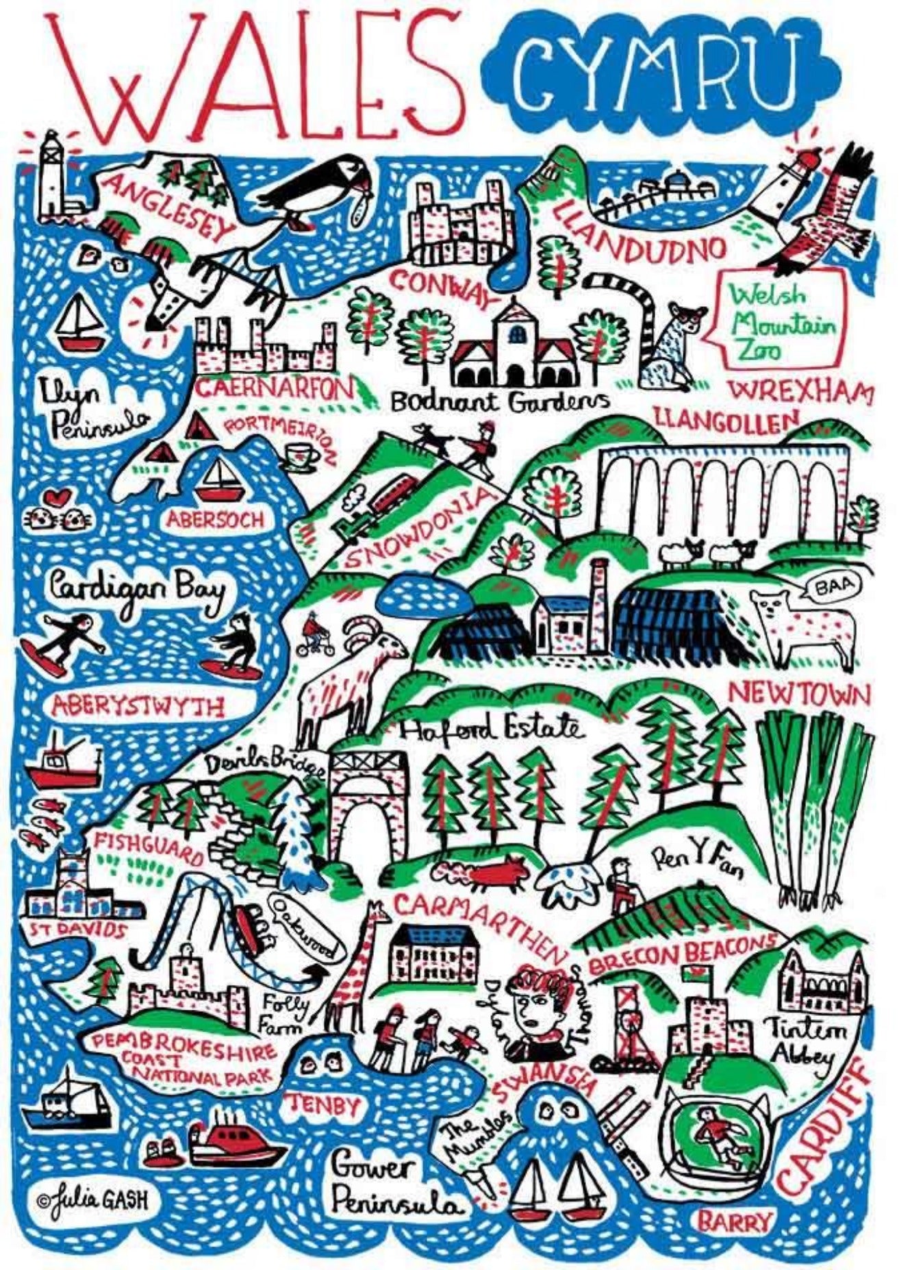 Wales - Cymru Map Illustration Art Print featuring Cardiff, Brecon Beacons, Snowdonia by Julia Gash
