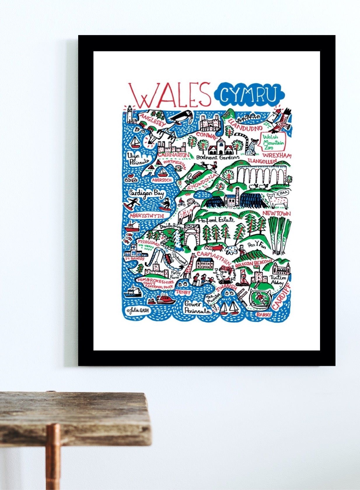 Wales - Cymru Map Illustration Art Print featuring Cardiff, Brecon Beacons, Snowdonia by Julia Gash