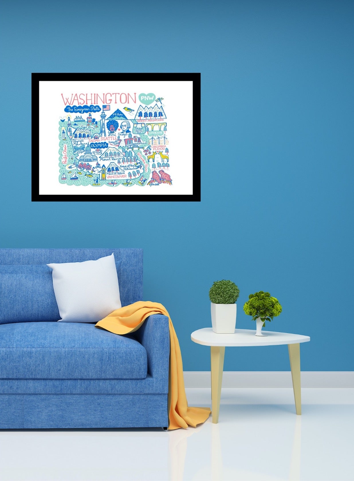Washington State Map Illustration Print by Julia Gash featuring Seattle, Olympia, Tacoma, Vancouver