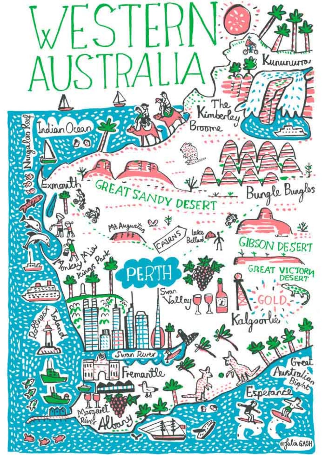 Western Australia travel art print by Julia Gash featuring Perth, Albany and Freemantle