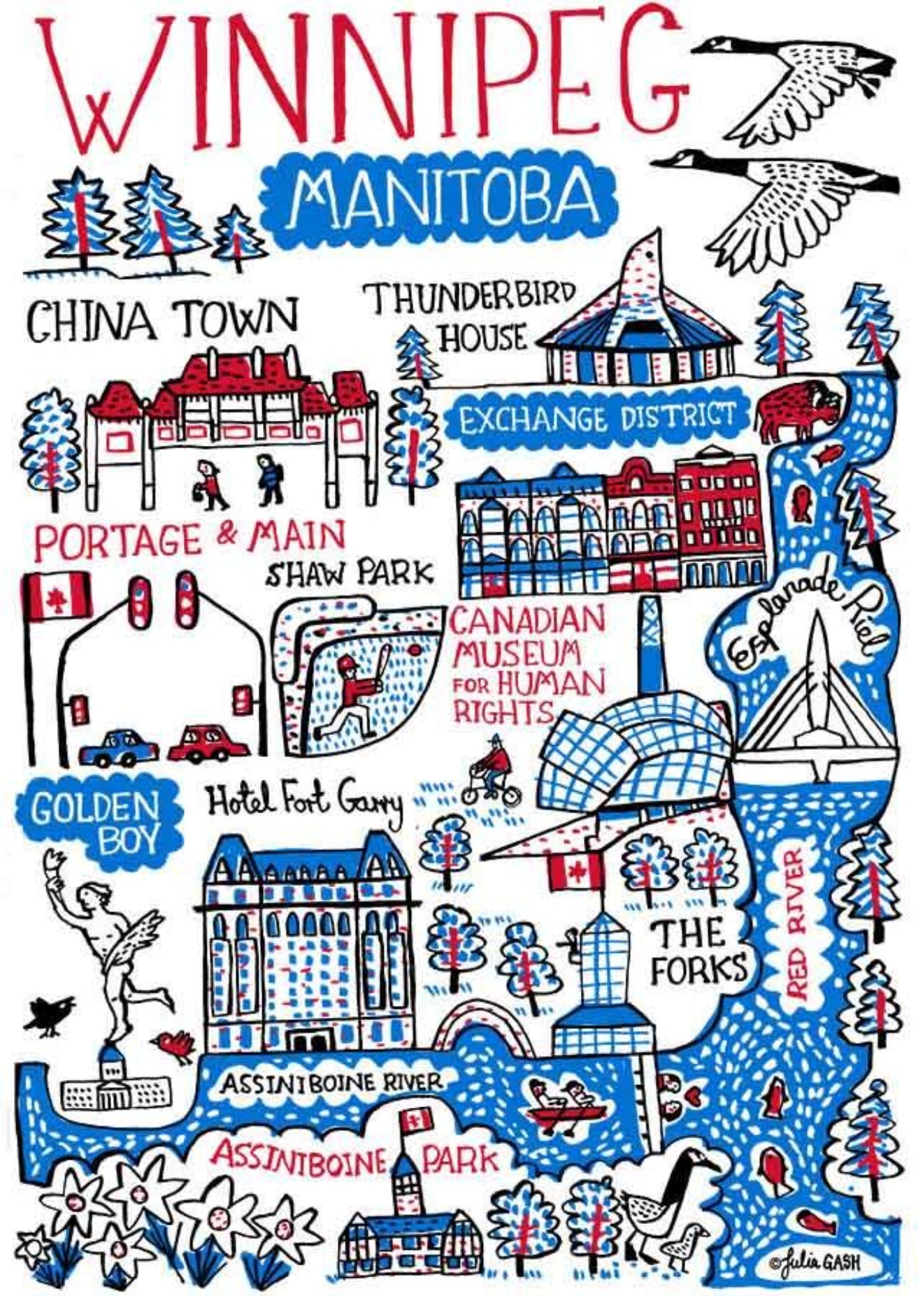 Winnipeg, Manitoba map illustration by Julia Gash featuring The Forks