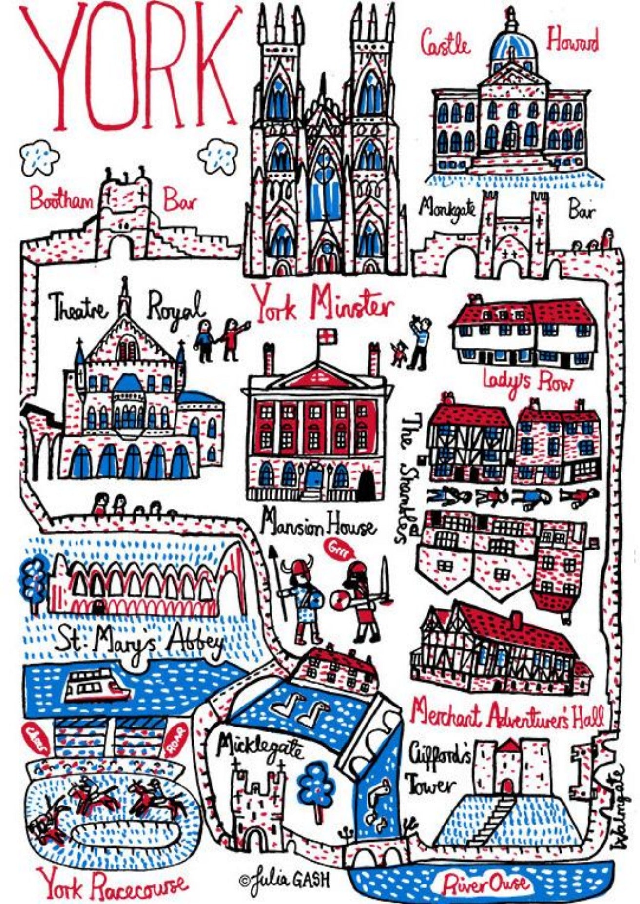 York cute travel map illustration print featuring York Minster and The Shambles by British travel artist Julia Gash